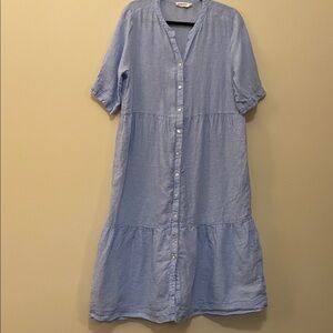 Relaxed Light Blue Linen Button-Front Midi Dress